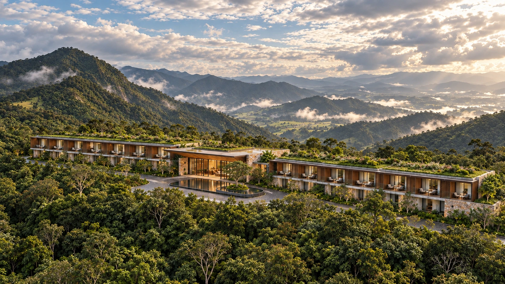 Núcleo principal do hotel horizontal na encosta da Mantiqueira