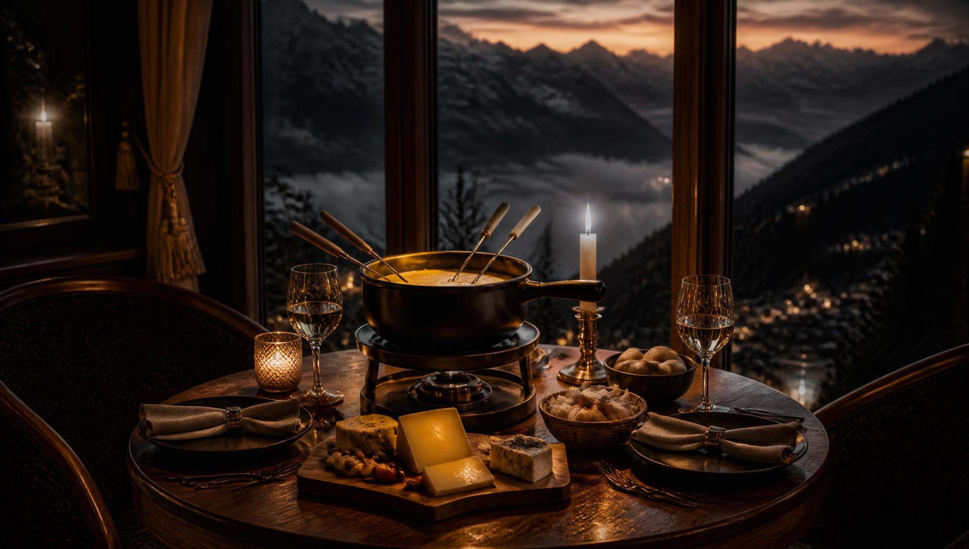 Fondue a dois à luz de velas diante de janela panorâmica para o vale de montanha
