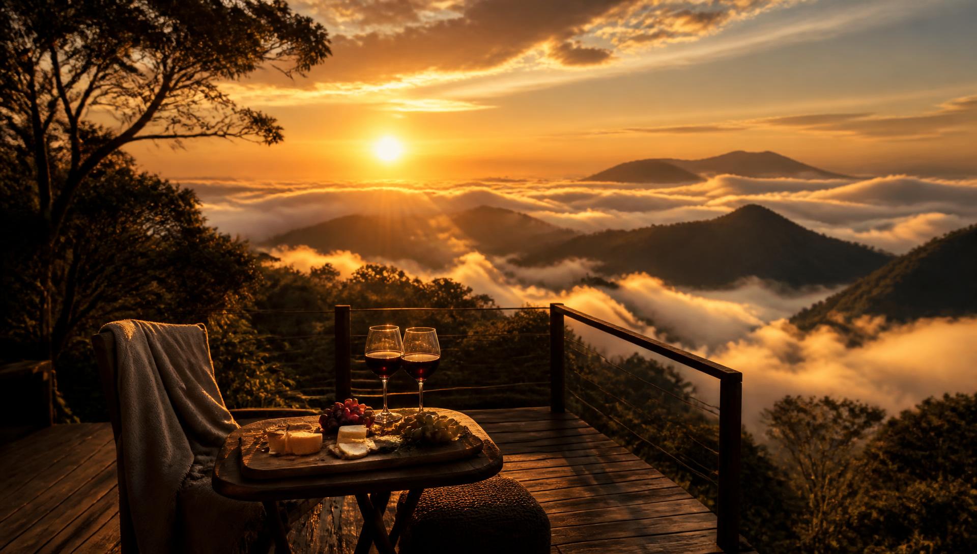 Mesa com duas taças de vinho e tábua de queijos em deck de madeira sobre mar de nuvens ao amanhecer